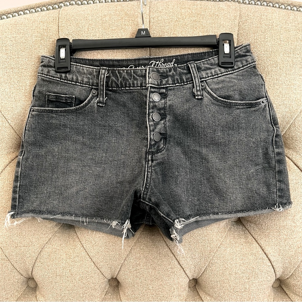 Distressed grey denim button fly shorts Universal thread  2 26 High Rise Shortie